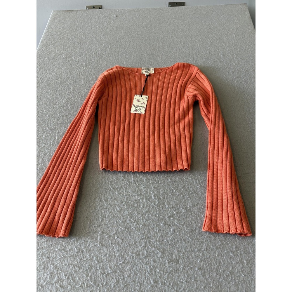Hippie Rose Sweater Juniors Small Orange Ribbed‎ Knit Long Bell Sleeve Cropped